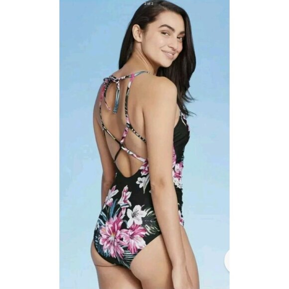 Kona Sol Womens High Coverage One-Piece Swimsuit Tropical Floral Print XS Beach - Picture 2 of 13